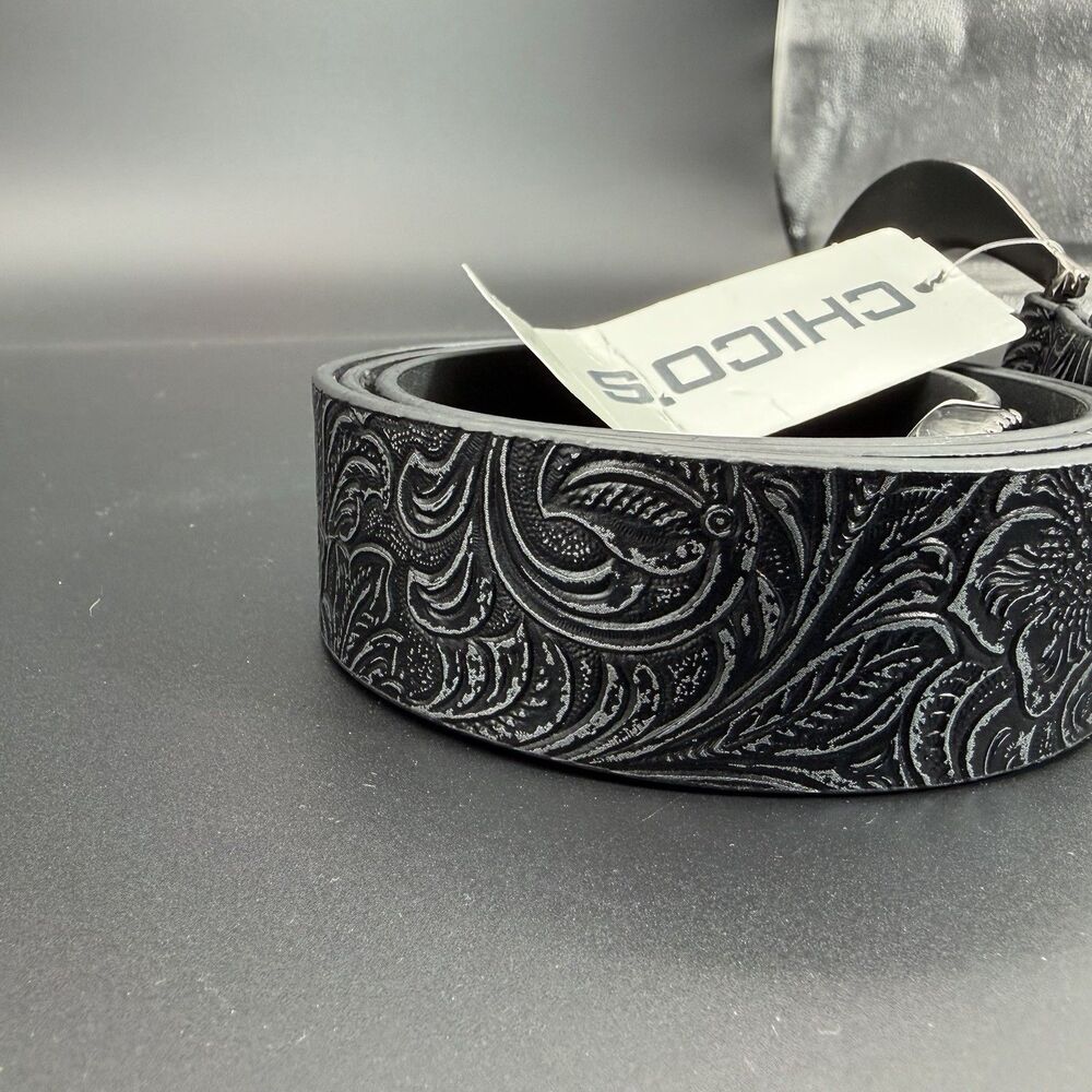 Chico's Women's M Black Floral Embossed Faux Leather Belt Rhinestone Buckle NWT - Picture 6 of 9